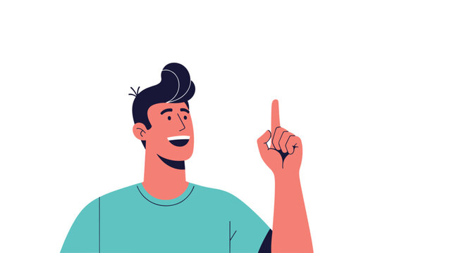 Cheerful young man points his finger upward with a happy expression and an open mouth as if he has just had a brilliant new solution.