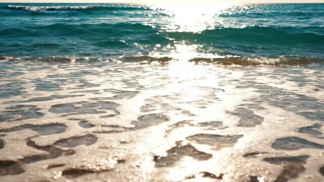 Gentle Ocean Waves Lapping onto Sandy Beach at Golden Hour