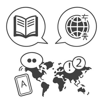 A vector graphic illustration of a world map with speech bubbles and icons representing language and communication