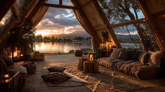 Hotel rural con vistas panor&aacute;micas a precioso lago al atardecer, chimenea de le&ntilde;a acogedora en interior de glamping de lujo, y tienda de campa&ntilde;a elegante iluminada por luz dorada del amanecer. 