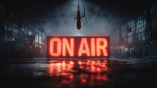 Red neon ON AIR sign glowing inside industrial radio studio with wet floor