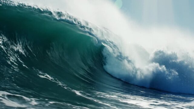 Cinematic View of a Large Turquoise Barrel Wave Curling in the Ocean