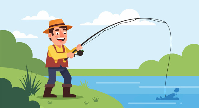 A cartoon character angler fisherman is catching fish in a boat on a lake fishing recreation hobby outdoor activity.