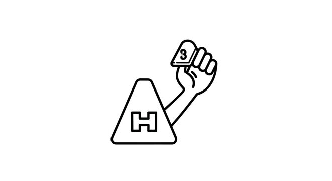 Hand holding hazard warning sign.