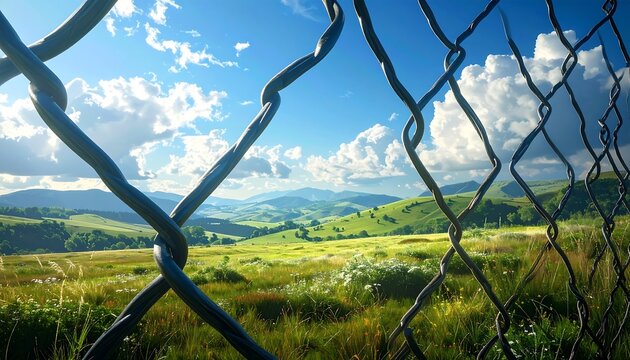 View of green hills through a chain link fence under a blue sky
