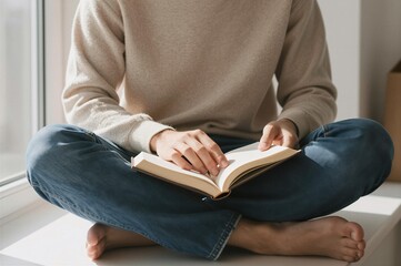Obraz premium A person wearing a beige sweater and blue jeans sits cross-legged on a windowsill, reading an open book with sunlight illuminating their hands and legs.