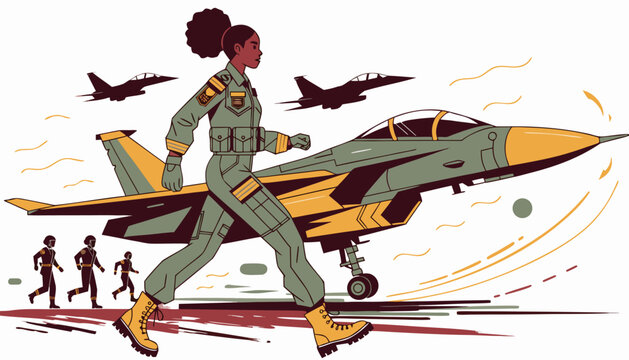 A female pilot in a green flight suit walking towards a fighter jet with other planes in the background