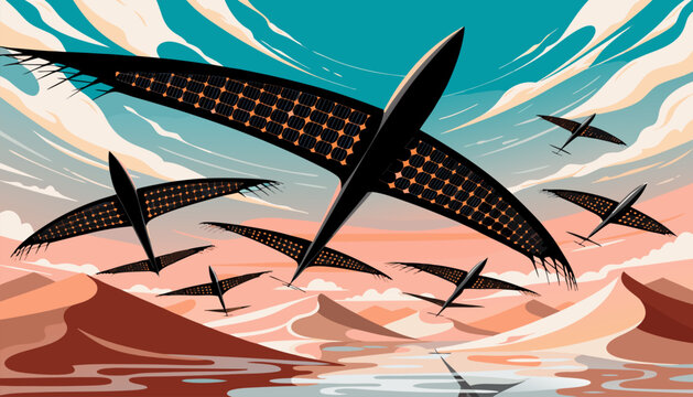 A vibrant vector illustration of birds flying over a serene landscape with a beautiful sky