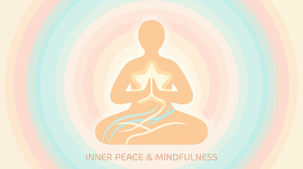 Obraz premium Stylized illustration of a person meditating in a lotus position, emanating inner peace and mindfulness, with a glowing star and flowing energy against soft, concentric pastel circles.