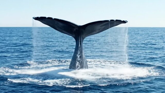 Humpback Whale Raising Its Tail Fluke Out of the Blue Sea