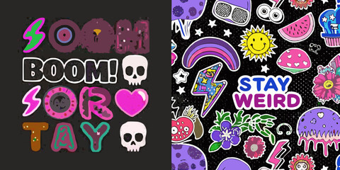 Colorful cartoon stickers and lettering with playful quirky designs © Dipa