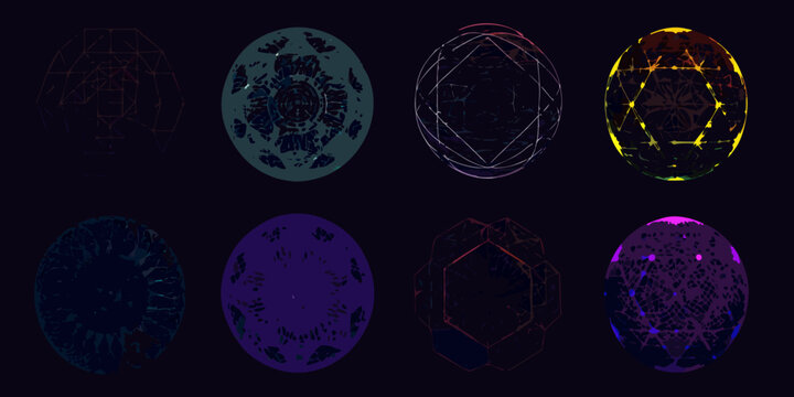 Abstract geometric ovals with glowing wireframe and textured surfaces