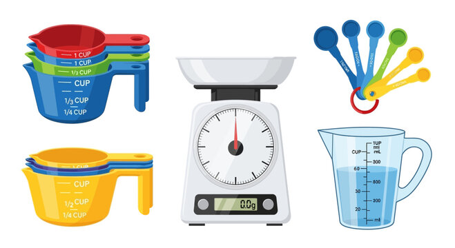 Kitchen measuring tools: cups, spoons, and scale for baking and cooking