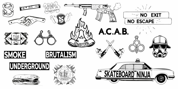 Collection of anarchistic and rebellious black and white sketch imagery