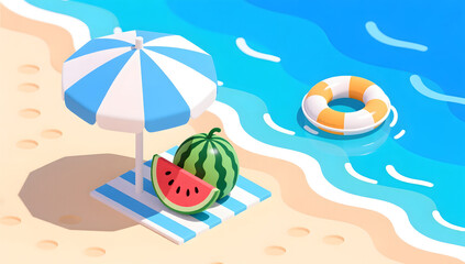 Fototapeta premium Summer beach scene with watermelon and parasols
