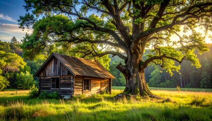 Fototapeta premium A serene old wooden cabin under a large tree in a green field