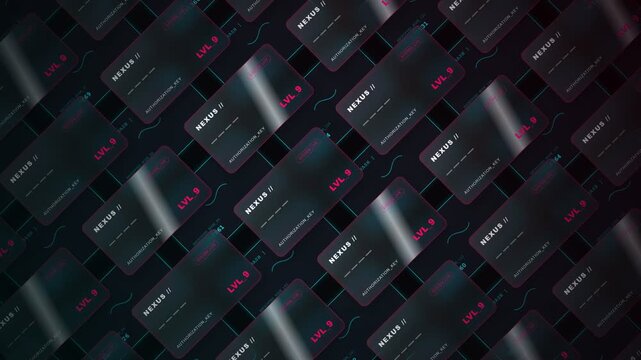 Digital authorization keys, futuristic authentication cards with NEXUS and LVL 9 labels, seamless loop of glowing cyberpunk credentials, symbolizing secure access and technological advancement