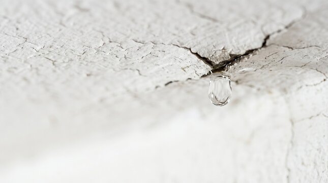 A close-up view of a cracked ceiling with a water droplet hanging. The crack is the central focus, indicating a possible water damage issue