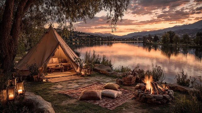 Hotel rural con vistas panor&aacute;micas a precioso lago al atardecer, chimenea de le&ntilde;a acogedora en interior de glamping de lujo, y tienda de campa&ntilde;a elegante iluminada por luz dorada del amanecer. 