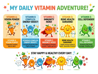 Fototapeta premium Embark on a daily vitamin adventure: a cheerful infographic explaining essential nutrients and their vital health benefits for wellness.