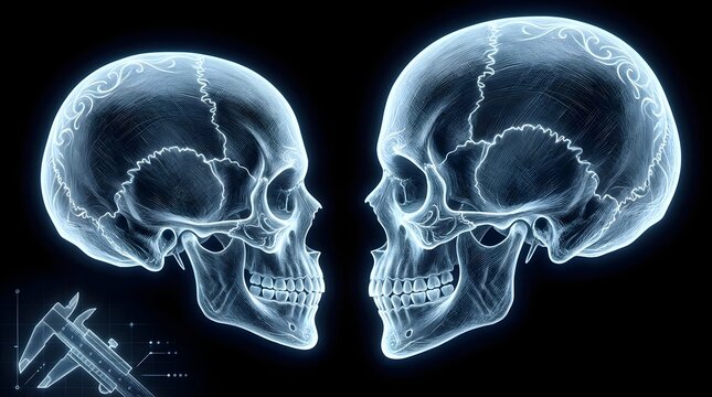Blue glowing skull illustrations with anatomical measurements. Anthropology and forensic science research. Two profile views of human crania facing each other with technical grid lines.