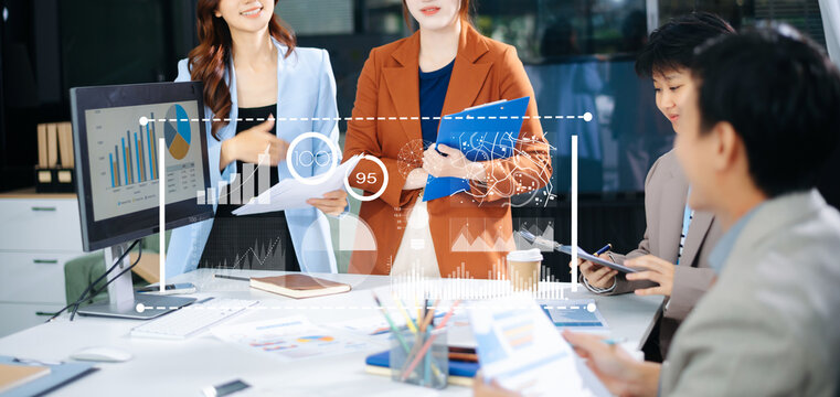 Business team using AI and data analytics for strategy, digital transformation and growth, modern workplace collaboration