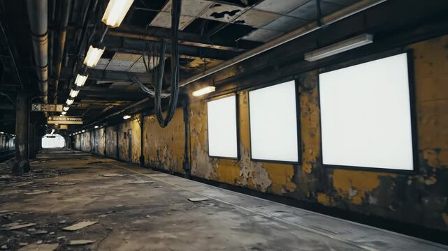 Dimly lit abandoned subway station platform featuring a row of five blank glowing light boxes on a peeling yellow wall, water puddles on the ground, and exposed ceiling infrastructure.