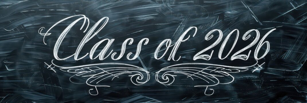 Chalkboard script reading class of 2026 on smudged blackboard for graduation banner background and celebratory poster design