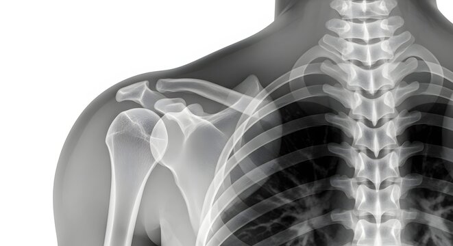Shoulder joint anatomy and skeletal structure. Orthopedics and bone health. X-ray style illustration of the human clavicle and humerus bone
