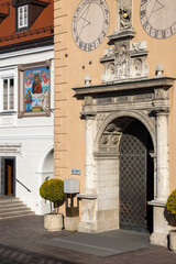 Facade of Jasna Gora Basilica with two sundials, Czestochowa, Poland © mychadre77
