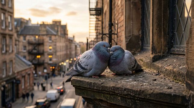 Two Pigeons Kissing on a Ledge in a European City Street.