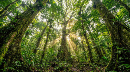 Fototapeta premium Upward view of massive mossy trees and dense green rainforest canopy