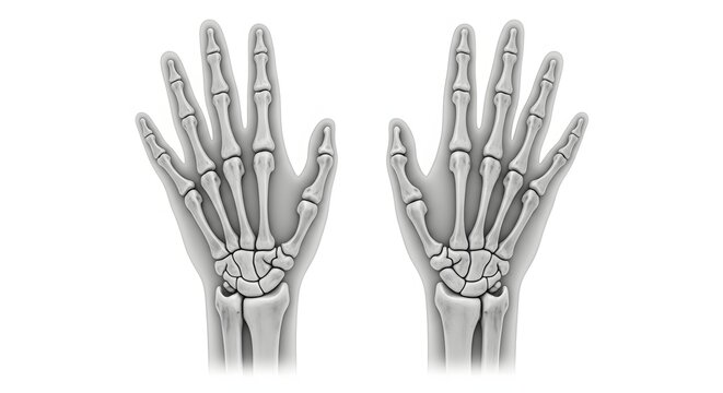 Anatomical illustration of human hand bones on a white background. Orthopedic and skeletal health. Top view of carpal and metacarpal bone structure of two hands
