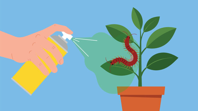 Hand using a yellow aerosol spray can to eliminate a large centipede pest crawling on a green houseplant.
