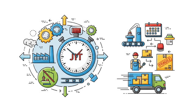 Just In Time JIT Manufacturing Icon Set, Logistics and Supply Chain Symbols, Colorful Vector Icons for Production Efficiency and Lean Management Set