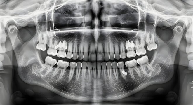 Panoramic dental x-ray of human teeth and jaw. Dentistry and oral healthcare imaging. Radiographic scan showing dental structure for medical diagnosis and treatment planning