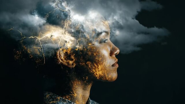 Profile of a woman with stormy clouds and lightning