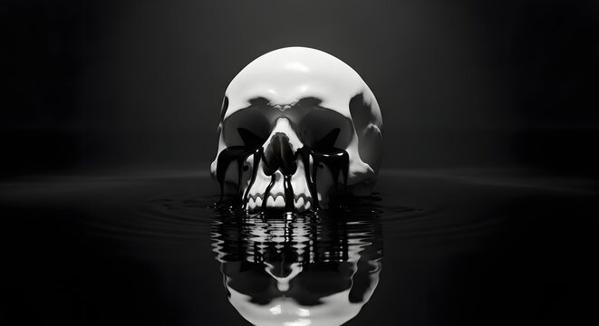 Dark gothic concept of death and mortality. Skull in black liquid and dark water. Human skull reflecting in dark oily pool representing poison or environmental pollution