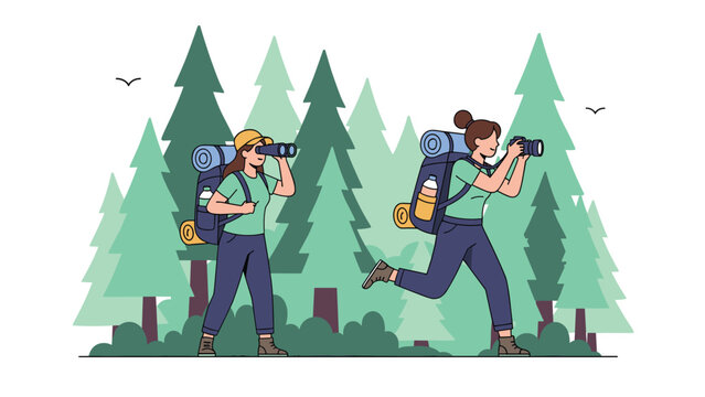 Two adventurous women with backpacks are hiking through a pine forest while using binoculars and a camera to observe nature.