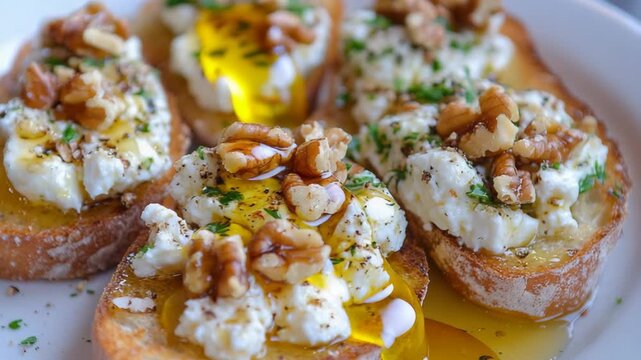 selective focus rustic bruschetta goat cheese honey walnuts crispy toast gourmet appetizer