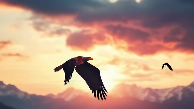 Majestic eagle soaring at sunset over mountain range
