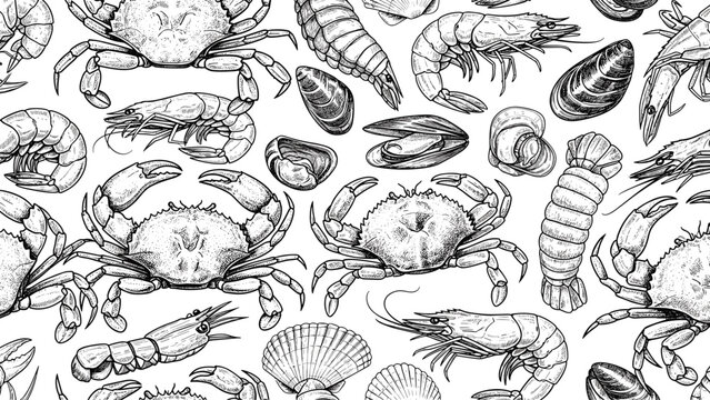 Seamless pattern featuring highly detailed black and white pen and ink sketches of various seafood like crabs shrimp and mussels.