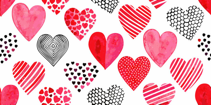 A seamless pattern of watercolor hearts in various shades of pink and red