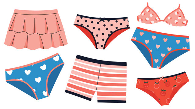 Collection of women's colorful undergarments including various patterns of panties a matching bra and a short tiered skirt.