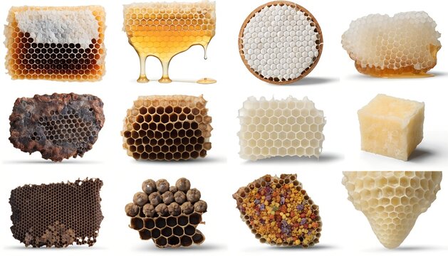 Raw Honeycomb Sections Apiary Collection Portrait Grid Twelve Specimens Honey Beeswax Brood Pollen Propolis Queen Cell Crystallized Comb Isolated On White Background Studio Natural History Photography