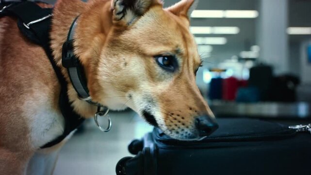 Detection Dog Sniffing Luggage at Airport