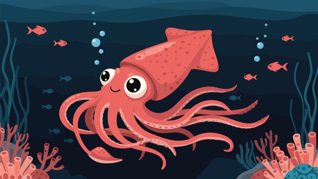 Friendly pink squid with large eyes swims in a deep blue ocean scene with colorful coral reefs and small fish.