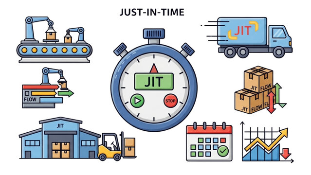 Just In Time JIT Manufacturing Icon Set, Logistics and Supply Chain Symbols, Colorful Vector Icons for Production Efficiency and Lean Management Set