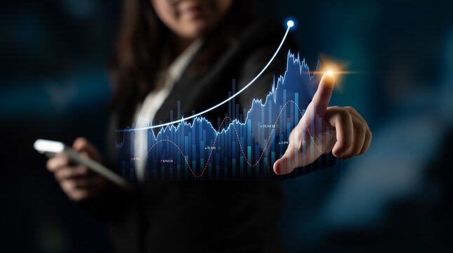 A professional woman interacts with a digital growth chart, demonstrating financial analysis and strategy using a smart device. Ideal for business and finance themes. Scalp