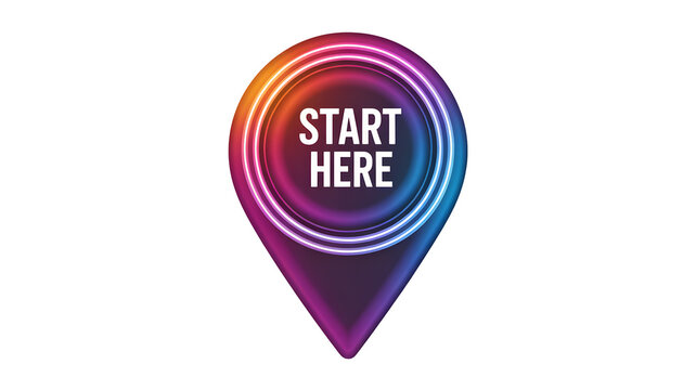 Vibrant rainbow pin icon with 'start here' text on white background for navigation and direction
